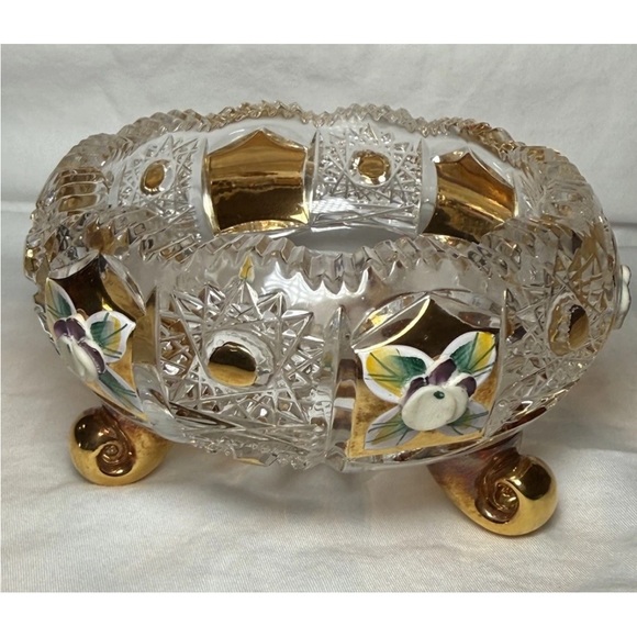 Source Unknown Other - BOHEMIAN CUT CRYSTAL ROUND FOOTED GOLD FLORAL NUT CANDY DISH BOWL ENAMELED 4" D
